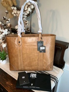 NWT Frye Melissa Leather Shopper Tote Shoulder Bag Beige Brown Retail  $358